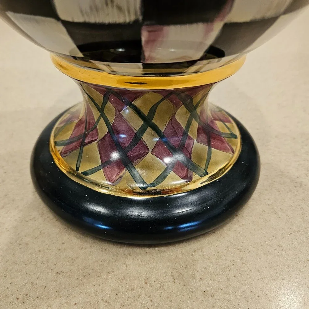 RARE MACKENZIE CHILDS ARGYLE PLAID AURORA CERAMIC GLOBE STORAGE CANISTER JAR